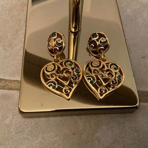 Berebi Heart Shaped Gold Tone Jeweled Pierced Earrings